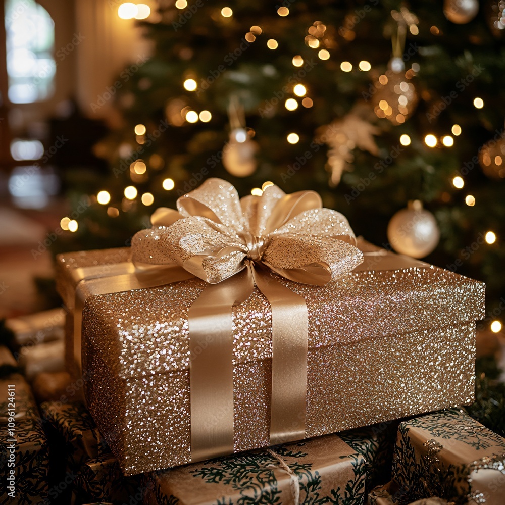 Festive gift box near Christmas tree Festive gift box near Christmas tree