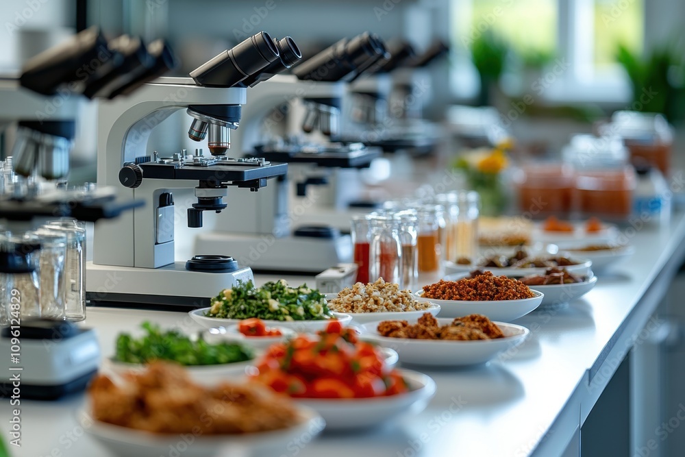 food safety analysis, microscopic food analysis lab with samples on white table, ready for examination text space available food safety analysis, microscopic food analysis lab with samples on white table, ready for examination text space available