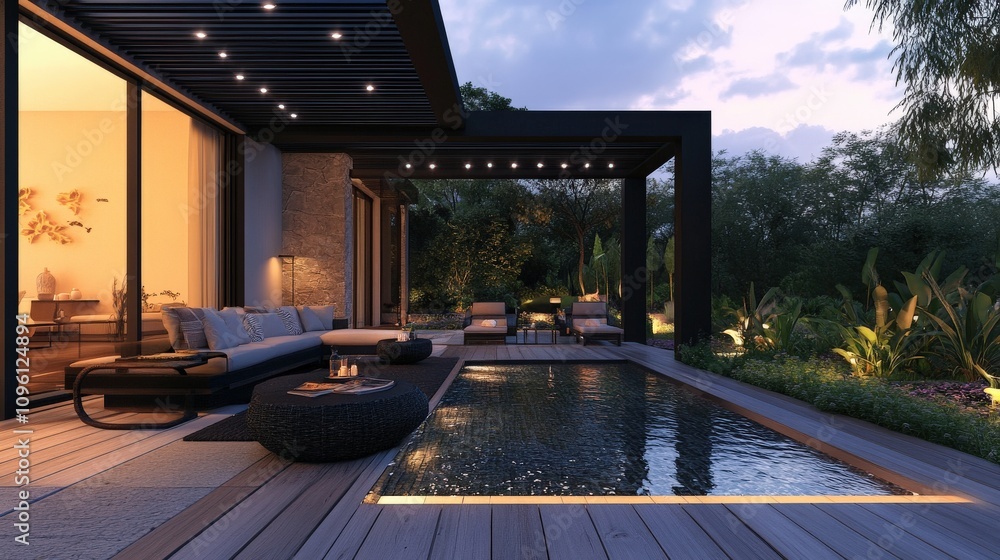 Fototapeta premium Modern Patio with Pool and Evening Lighting