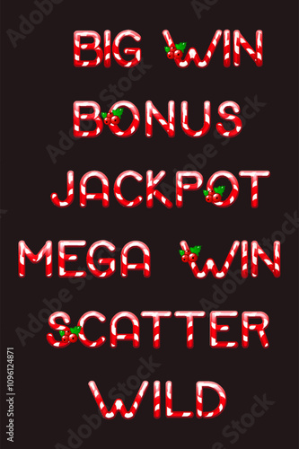 Set of Slot Words - Win, Scatter, Wild, Bonus, and Jackpot. Candy Style text for 2D Games and Casino or Slots. Graphic elements for the development of slot machines. Red candy words