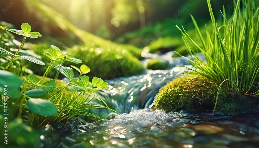 Beautiful close-up of a serene springtime stream surrounded by vibrant young green plants, showcasing fresh flowing water and lush growth, a perfect representation of nature’s renewal. Beautiful close-up of a serene springtime stream surrounded by vibrant young green plants, showcasing fresh flowing water and lush growth, a perfect representation of nature’s renewal.