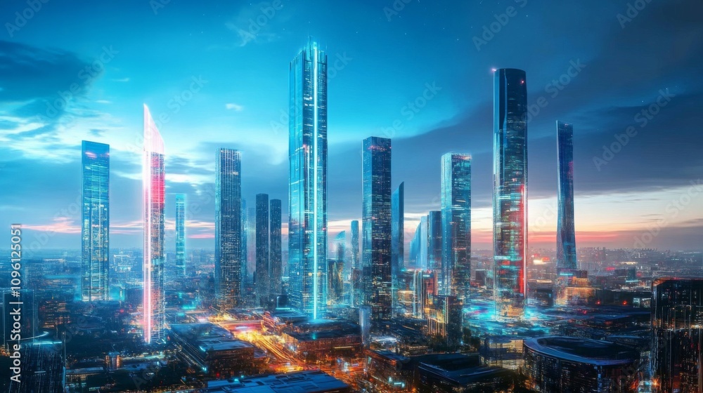 Futuristic Cityscape with Colorful Lights in Night Sky Futuristic Cityscape with Colorful Lights in Night Sky