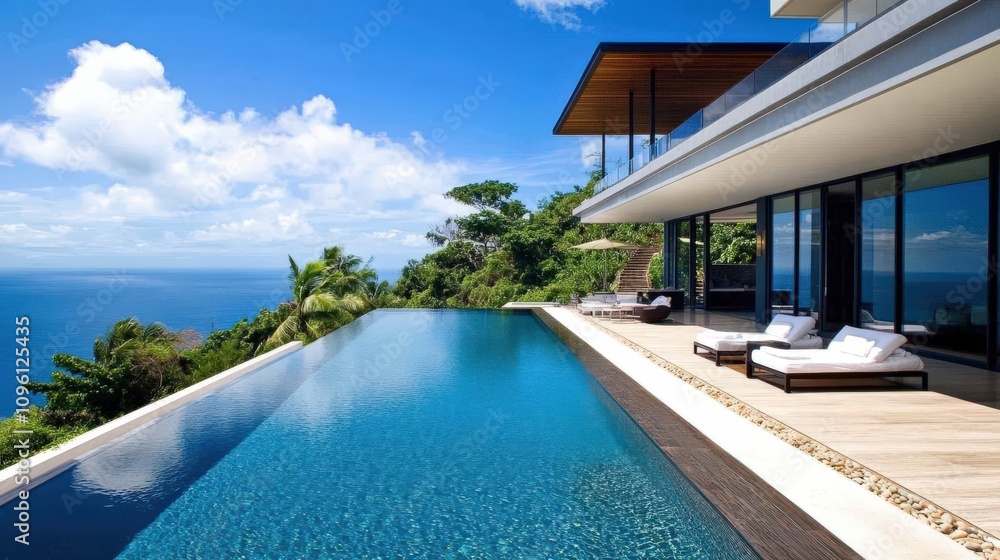 Fototapeta premium Infinity Pool Overlooking Ocean at Modern Luxury Villa