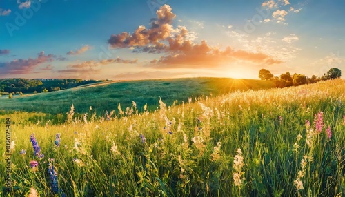 Beautiful summer countryside panorama showcasing colorful rustic pastoral landscapes with tall flowering grasses, lush green meadows, and a serene horizon under a clear sky.