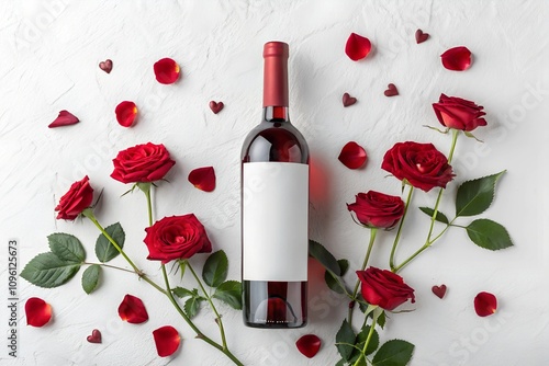 Red wine bottle with blank white label mockup surrounded by fresh red roses, petals, and small hearts on a textured white background. Romantic and elegant Valentine's Day concept.