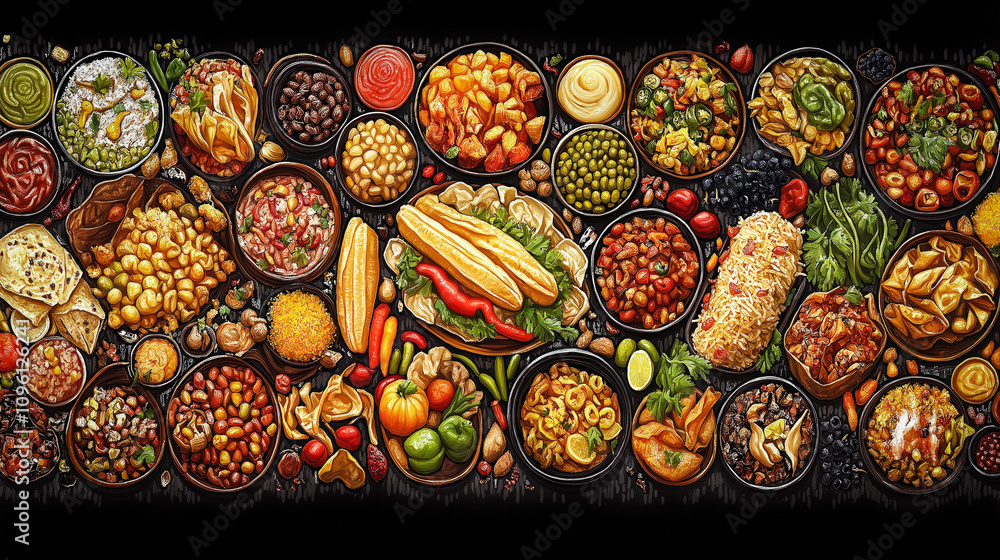 Fototapeta premium Wallpaper With A Textured Background Of Woven Mexican Textiles, Overlaid With Colorful Images Of Street Food Like Elote And Tamales