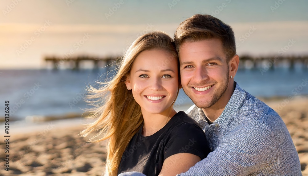 A cheerful young couple enjoying a radiant summer day at the beach, smiling warmly as they embrace the ocean breeze under the golden sunlight, radiating joy and love in a serene seaside A cheerful young couple enjoying a radiant summer day at the beach, smiling warmly as they embrace the ocean breeze under the golden sunlight, radiating joy and love in a serene seaside