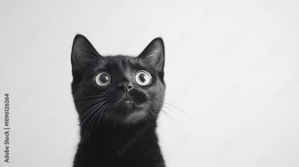 Startled black cat with wide open eyes against a white background, expressing surprise and curiosity, ideal for concepts related to unexpected news. Startled black cat with wide open eyes against a white background, expressing surprise and curiosity, ideal for concepts related to unexpected news.