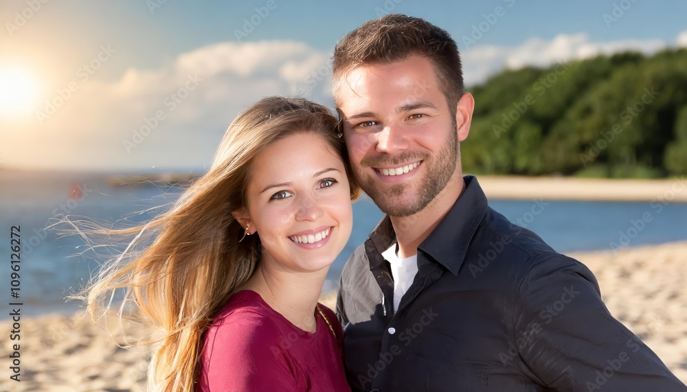 Cheerful young couple smiling warmly on a sunny summer day at the beach, enjoying the ocean breeze and golden sand, radiating happiness and joy under the vibrant blue sky. Cheerful young couple smiling warmly on a sunny summer day at the beach, enjoying the ocean breeze and golden sand, radiating happiness and joy under the vibrant blue sky.