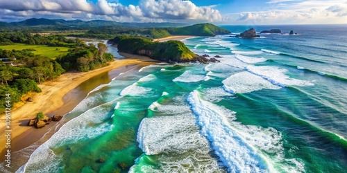 Aerial Sawarna Beach Waves, Stunning Coastline, Indonesia photo