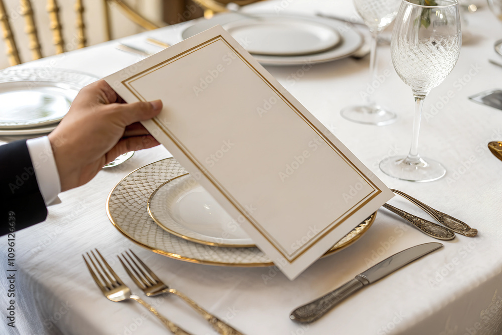 A blank menu card is held above an elegant dining table with gold-accented plates, crystal glassware, and fine cutlery. Ideal for restaurant, wedding, or formal event branding mockups. A blank menu card is held above an elegant dining table with gold-accented plates, crystal glassware, and fine cutlery. Ideal for restaurant, wedding, or formal event branding mockups.