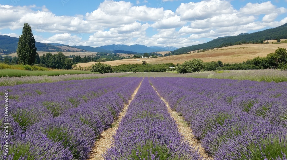 Lavender fields blooming vibrantly under a blue sky with fluffy clouds, showcasing rows of rich purple flowers amidst a tranquil landscape. Lavender fields blooming vibrantly under a blue sky with fluffy clouds, showcasing rows of rich purple flowers amidst a tranquil landscape.
