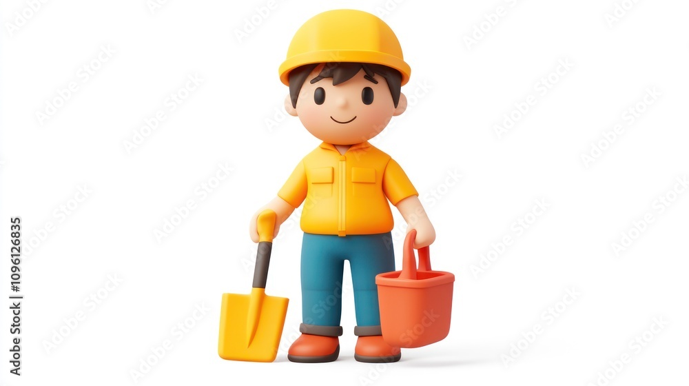 A cheerful construction worker holding a shovel and bucket, ready for a project. A cheerful construction worker holding a shovel and bucket, ready for a project.