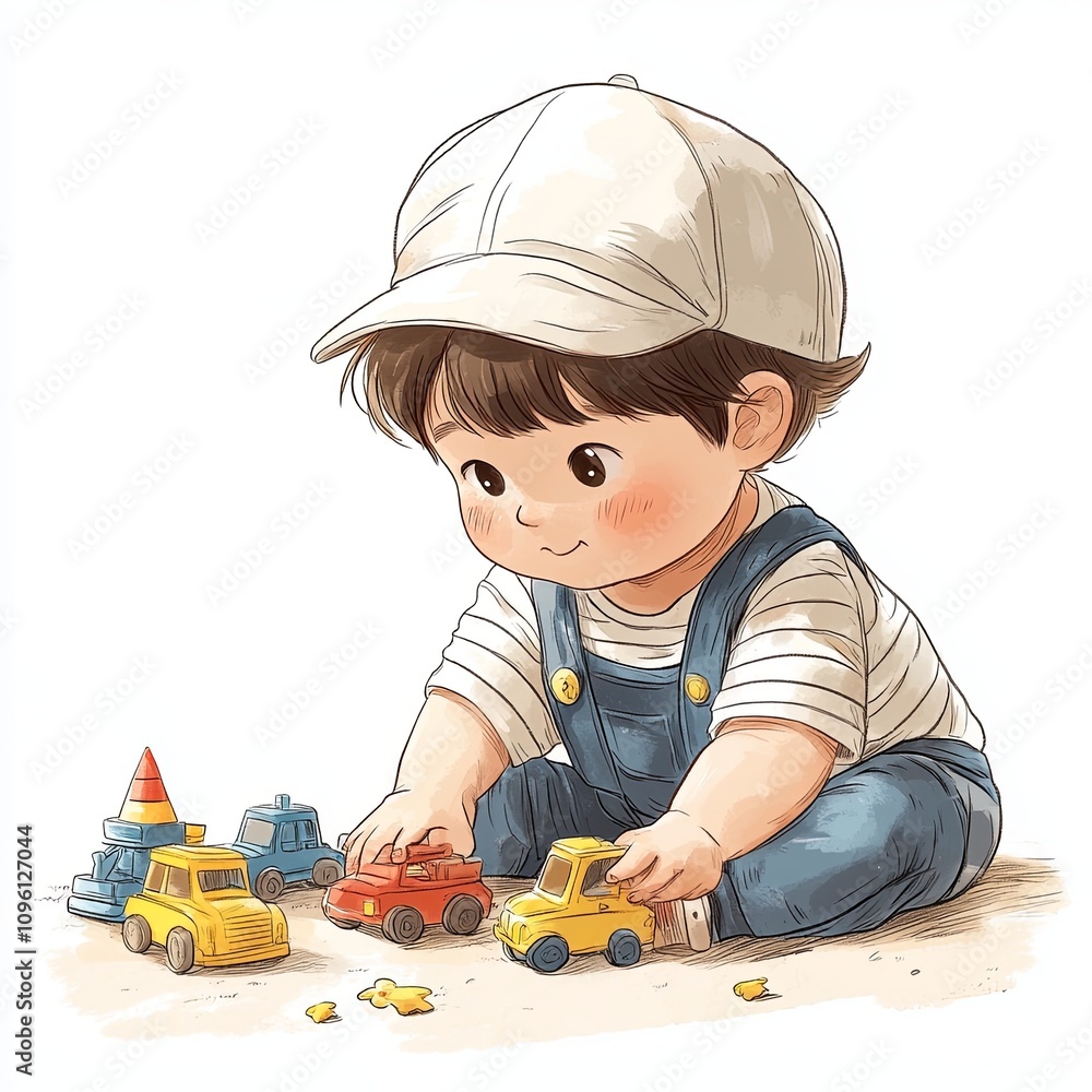 Cute Cartoon Boy Playing with Toy Cars Illustration Cute Cartoon Boy Playing with Toy Cars Illustration