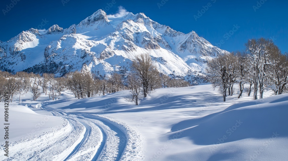 Obraz premium Snow-covered path winding through a winter landscape towards majestic snow-capped mountains under a vibrant blue sky.