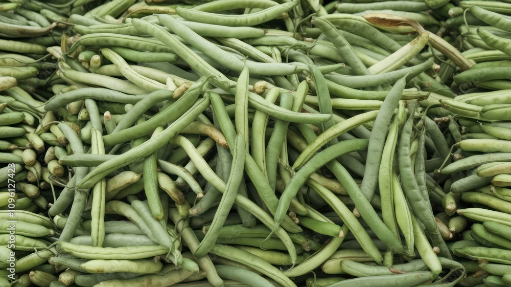 Pile of fresh green beans in a market. Pile of fresh green beans in a market.