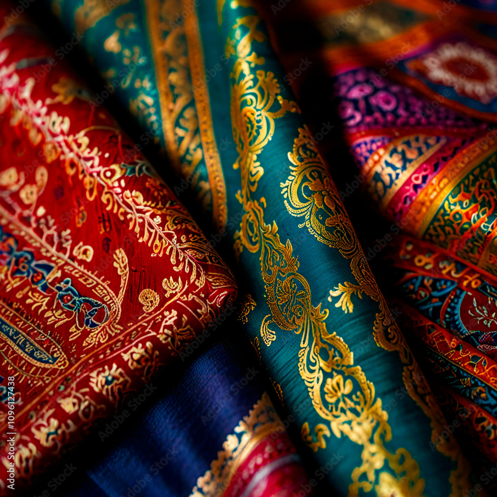 Traditional Thai Fabric Patterns: Close-up images of vibrant and colorful Thai silk and cotton fabrics with traditional patterns.