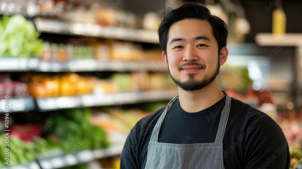 Naklejka premium Smiling male grocery store employee wearing an apron, standing confidently in front of colorful shelves filled with fresh produce and groceries.