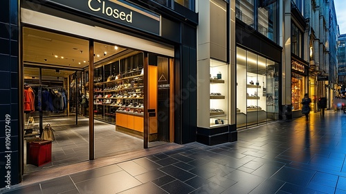 Closed boutique storefront with elegant window display, symbolizing the end of a day and the anticipation of a new beginning