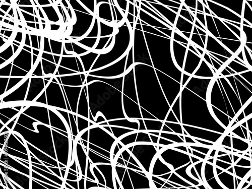 White tangled thread background. Circular abstract pen stroke vector illustration, on black background. Tangled scribbles hand drawn doodles. Vector illustration isolated on black background.