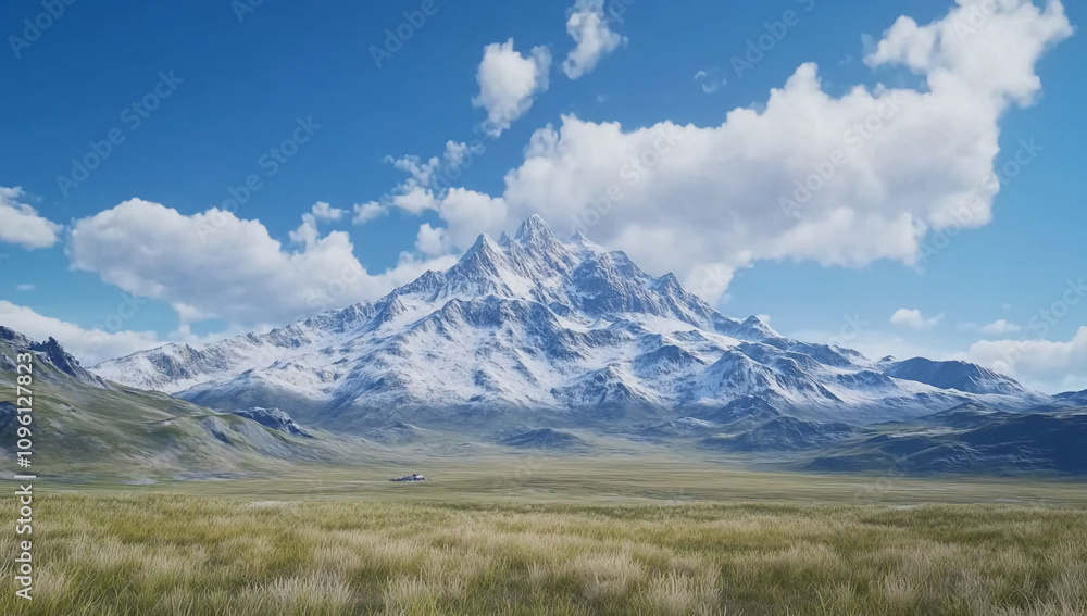 Majestic snowy mountain landscape under a bright blue sky with fluffy white clouds and grassy plains below Majestic snowy mountain landscape under a bright blue sky with fluffy white clouds and grassy plains below