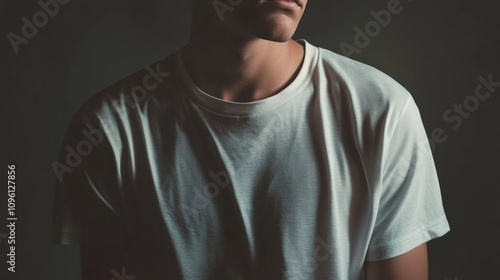 Model wearing a plain white t-shirt showcasing a minimalist design against a dark background, ideal for mockups or creative projects.