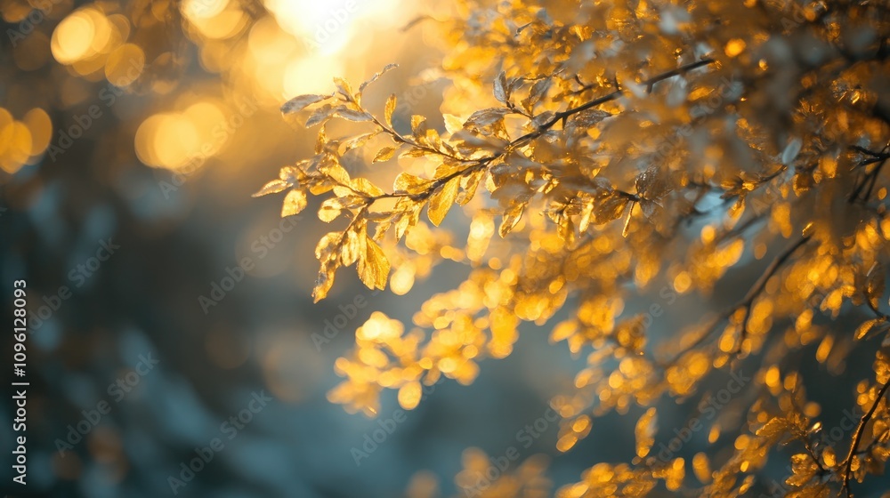 Golden yellow leaves illuminated by sunlight with a blurred background of soft bokeh, creating a warm and serene atmosphere in a high-quality image. Golden yellow leaves illuminated by sunlight with a blurred background of soft bokeh, creating a warm and serene atmosphere in a high-quality image.