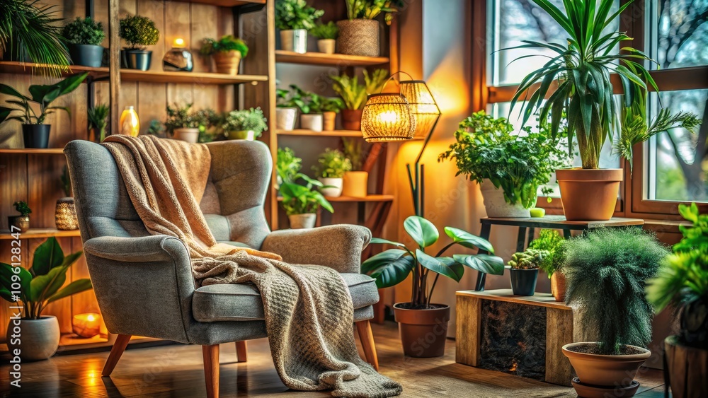 Cozy Indoor Space with Vibrant Plants and a Comfortable Chair for Relaxation Cozy Indoor Space with Vibrant Plants and a Comfortable Chair for Relaxation