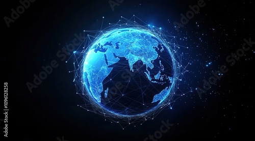 Abstract digital blue Earth with global network connections on a dark background