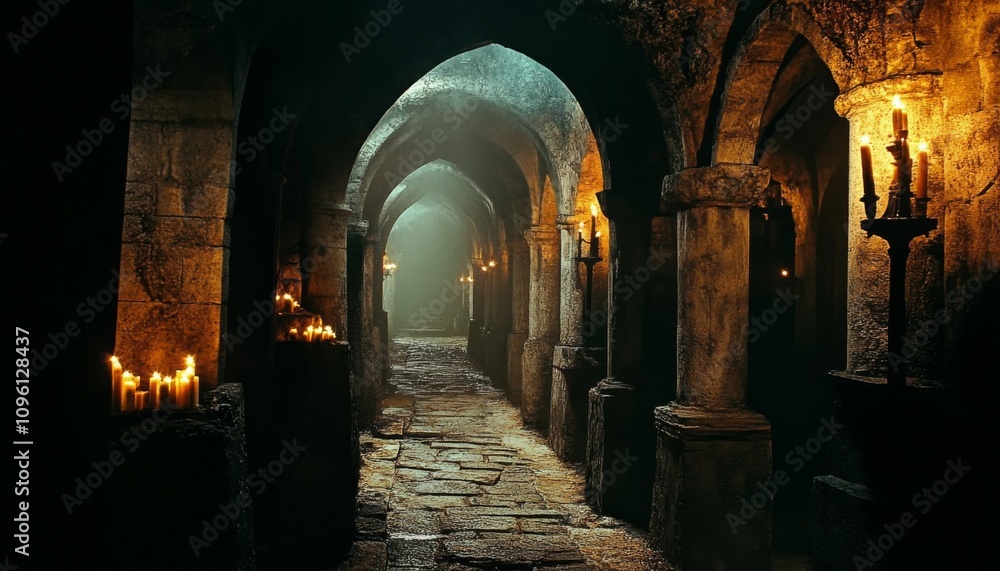 Fototapeta premium Dark and mysterious corridor with stone walls, cobblestone floor, arched pillars, and lit candles for a warm atmosphere.