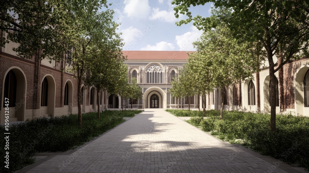 Fototapeta premium View of a historic courtyard featuring lush greenery and elegant arches, set within an esteemed educational institution under a bright sky.