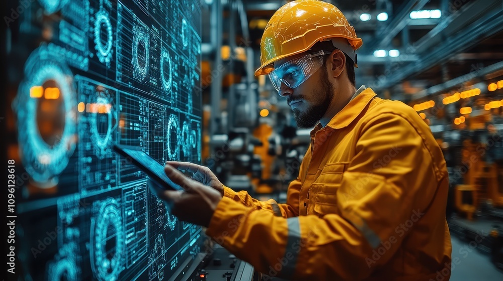 Professional engineer wearing safety glasses and a hard hat inspecting equipment Professional engineer wearing safety glasses and a hard hat inspecting equipment