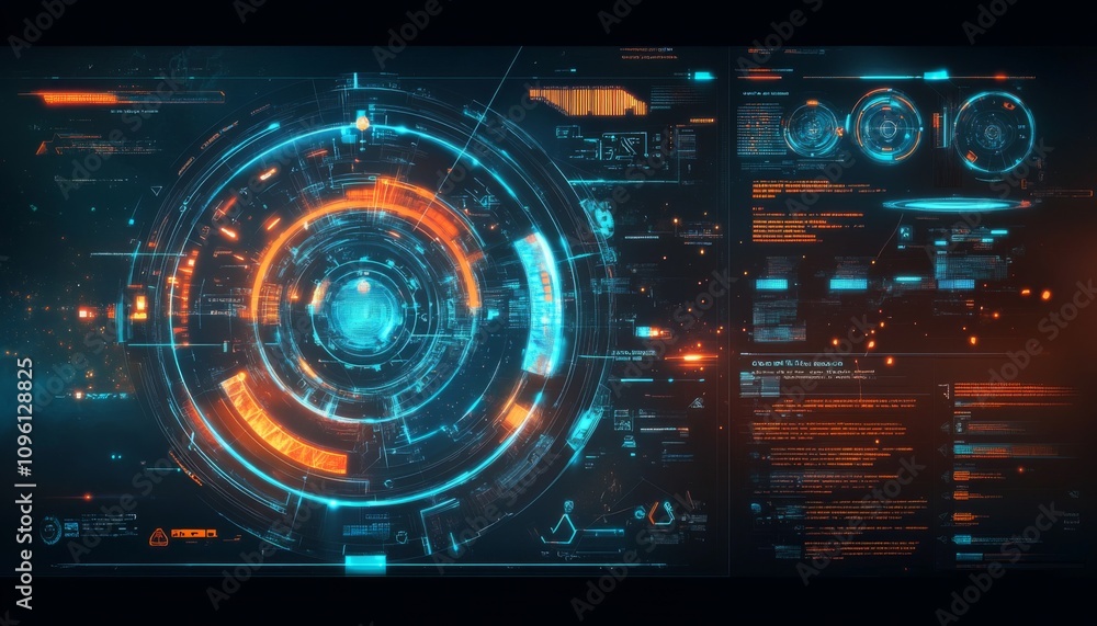 Futuristic Digital Interface with Circular Screen and Blue-Orange Color Scheme on Dark Background Illustration Futuristic Digital Interface with Circular Screen and Blue-Orange Color Scheme on Dark Background Illustration