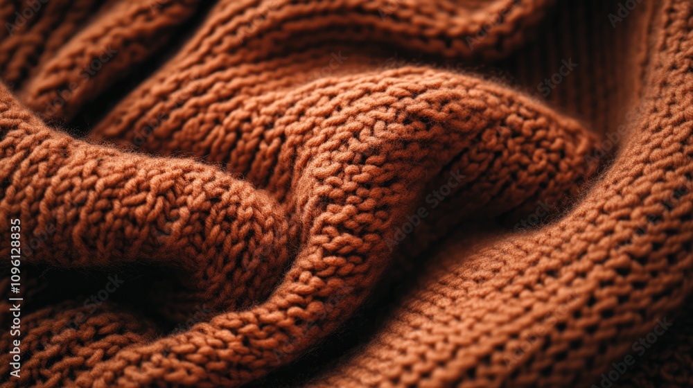 Textured knitted fabric in warm terracotta hue, showcasing intricate stitching and cozy, flexible drape that invites touch and warmth. Textured knitted fabric in warm terracotta hue, showcasing intricate stitching and cozy, flexible drape that invites touch and warmth.