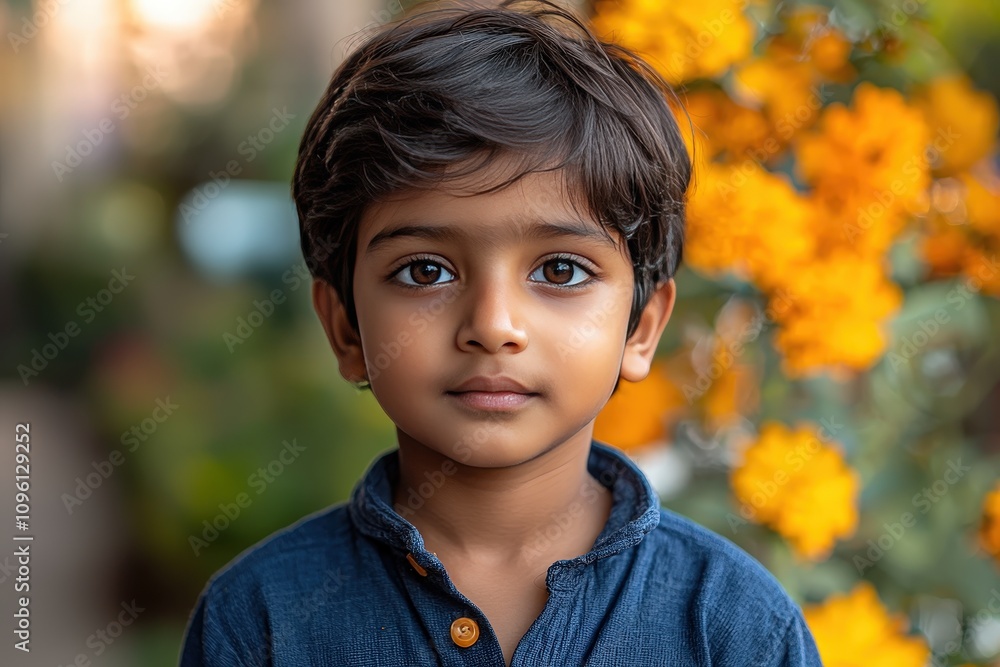 Portrait of a young boy in a garden with vibrant yellow flowers Portrait of a young boy in a garden with vibrant yellow flowers