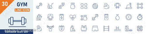 GYM line icon set. Set of 30 outline icons related to gym, exercise equipment, fitness, sports, lifting weights, barbells  and others. Editable stroke. Vector illustration.