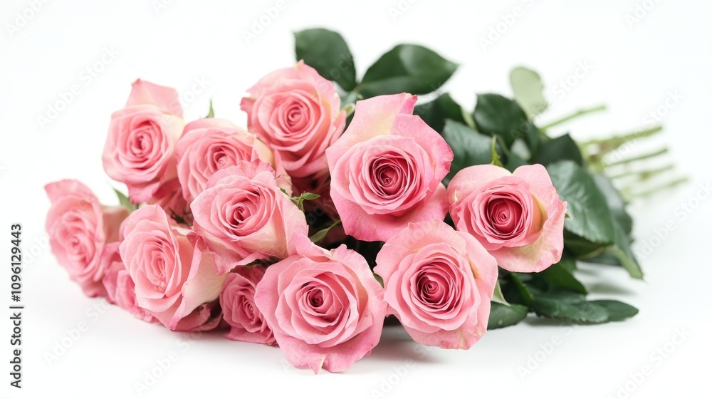 Romantic pink roses arranged elegantly against a clean white background, perfect for invitations or card mockups in a flat lay perspective. Romantic pink roses arranged elegantly against a clean white background, perfect for invitations or card mockups in a flat lay perspective.