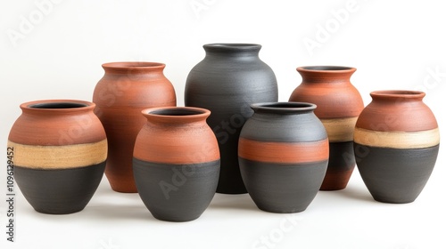 Handcrafted terracotta pots showcasing intricate traditional designs with rich colors and varying textures in a beautiful arrangement. photo