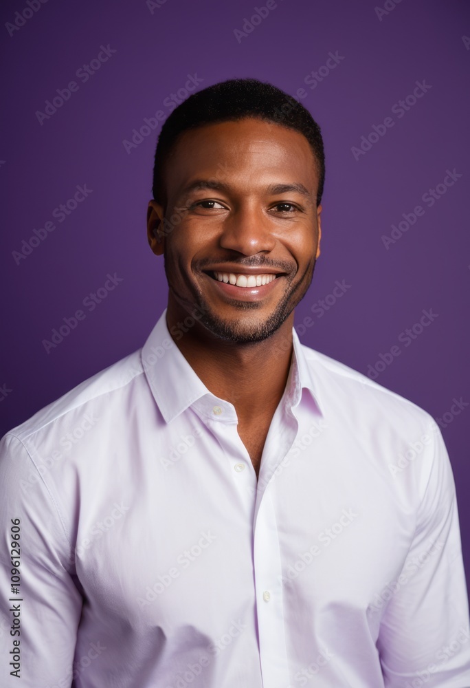 Smiling attractive business man in shirt isolated on purple background black businessman portrait Ultra realistic Photorealistic hyperdetailed photography soft light head and shoulders portrait cover Smiling attractive business man in shirt isolated on purple background black businessman portrait Ultra realistic Photorealistic hyperdetailed photography soft light head and shoulders portrait cover
