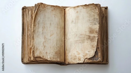 Antique square book with worn pages lying open on a plain white background, showcasing its aged and empty interior.