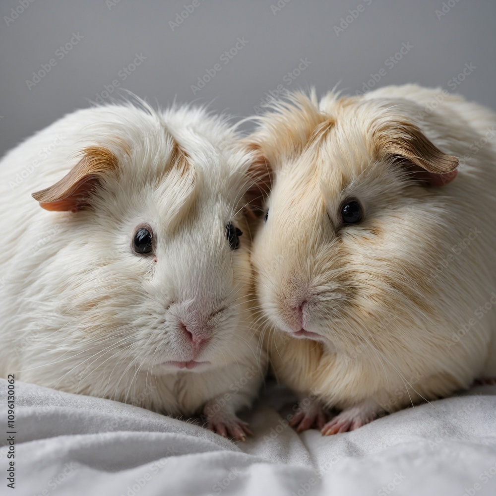 A pair of white guinea pigs snuggling together on a soft white surface. A pair of white guinea pigs snuggling together on a soft white surface.