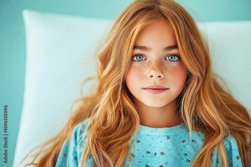 Portrait of a young girl with red hair and freckles in a blue floral dress against a soft teal background Portrait of a young girl with red hair and freckles in a blue floral dress against a soft teal background