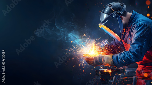 worker while doing a welding with arc welder welding or welding Sparks for background, Backdrop and manufacturing.