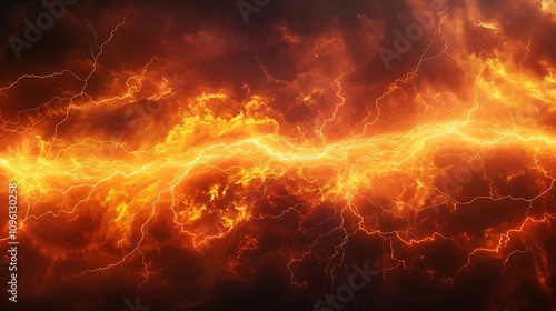 A dramatic depiction of fiery lightning across a dark, stormy sky, evoking power and intensity.