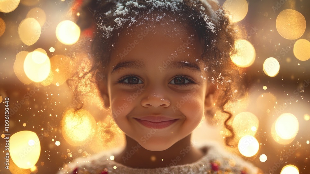 Joyful child smiling amidst festive lights and soft bokeh in a magical holiday scene, evoking warmth and cheer in a snowy atmosphere. Joyful child smiling amidst festive lights and soft bokeh in a magical holiday scene, evoking warmth and cheer in a snowy atmosphere.