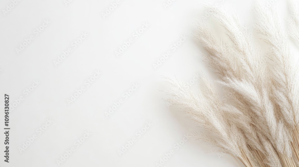Pampas grass elegantly arranged on a soft white background providing an ideal space for adding custom text or designs.