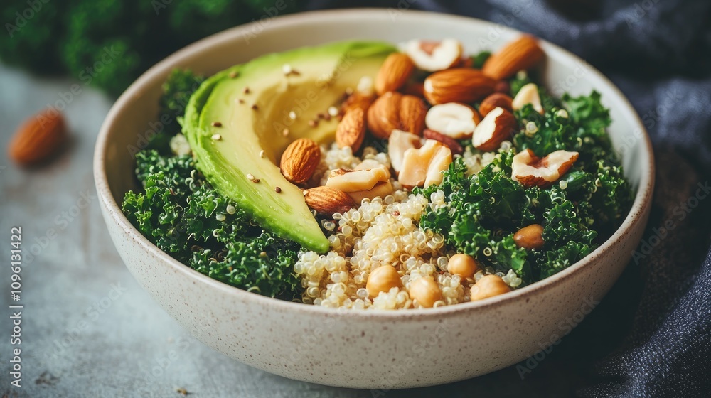 Vibrant vegan salad in a bowl with kale, quinoa, nuts, and ripe avocado, showcasing a healthy and nourishing plant-based meal. Vibrant vegan salad in a bowl with kale, quinoa, nuts, and ripe avocado, showcasing a healthy and nourishing plant-based meal.