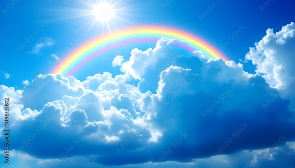 Beautiful rainbow arching across a bright blue sky with fluffy white clouds and shining sun. Concept of hope, peace, weather, and nature. A perfect rainbow arcs across a blue Sky on a sunny afternoon Beautiful rainbow arching across a bright blue sky with fluffy white clouds and shining sun. Concept of hope, peace, weather, and nature. A perfect rainbow arcs across a blue Sky on a sunny afternoon