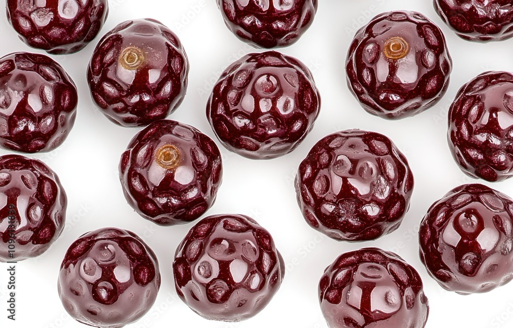 A close-up view of glossy, dark red spherical objects resembling fruit. A close-up view of glossy, dark red spherical objects resembling fruit.