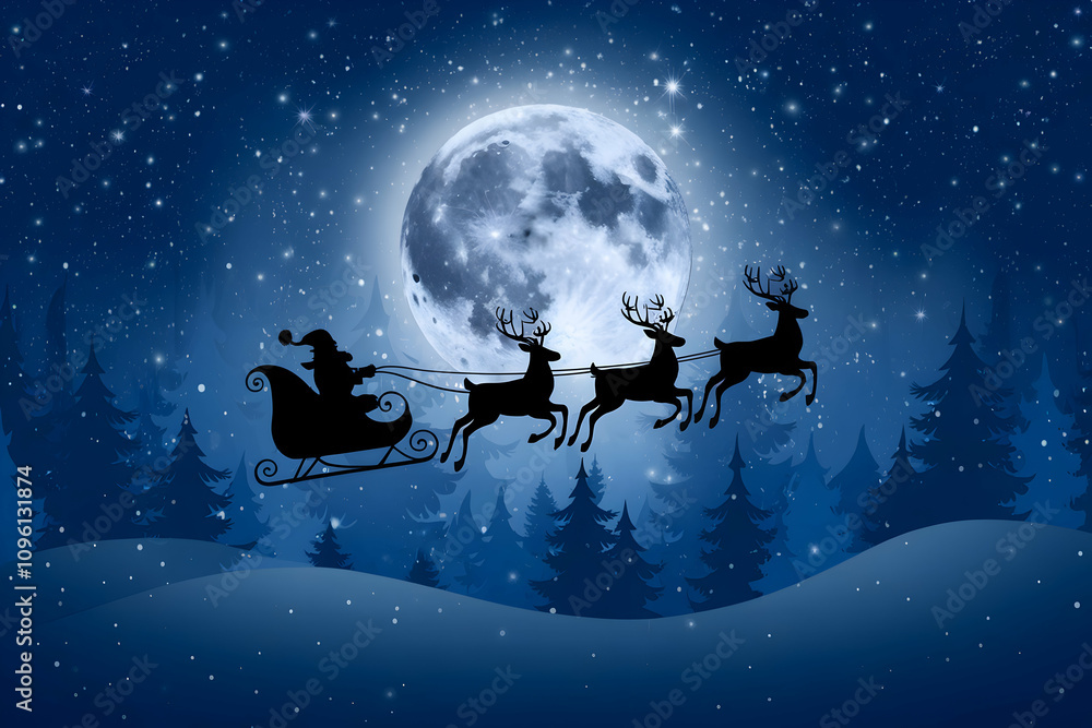 Naklejka premium Santa Claus in sleigh, pulled by reindeer, under luminous moon and starry sky.